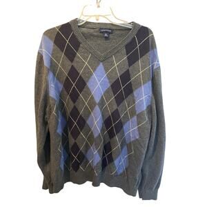 ⭐️ Men’s Lands End Gray Argyle V-Neck Cashmere Blend Sweater Size XXL Preppy